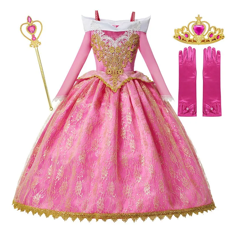 Girls Sleeping Beauty Aurora Princess Dress Long Sleeves Off Shoulder Lace Robe Kids Fancy Party Outfits 2-10 Years Old