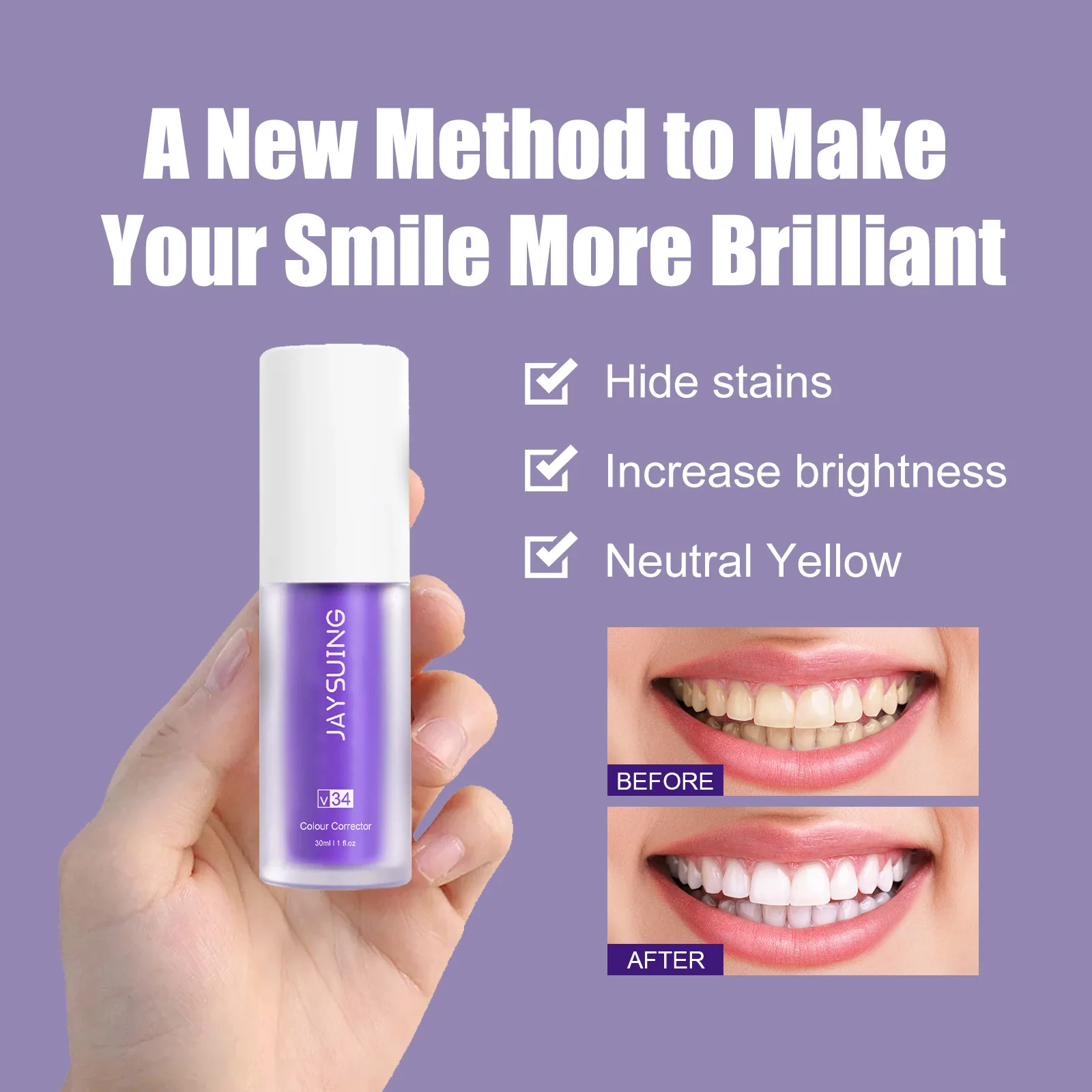 JAYSUING Toothpaste V34 Color Corrector Tooth Stain Removal Enhance Your Smile 30ml Purple Toothpaste for Teeth Whitening
