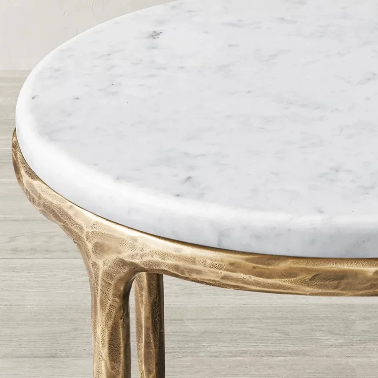 AIRFFY OEM/ODM Wholesale Natural Marble Hand Forged Metal Coffee Table Hammered Round Bed Side Table