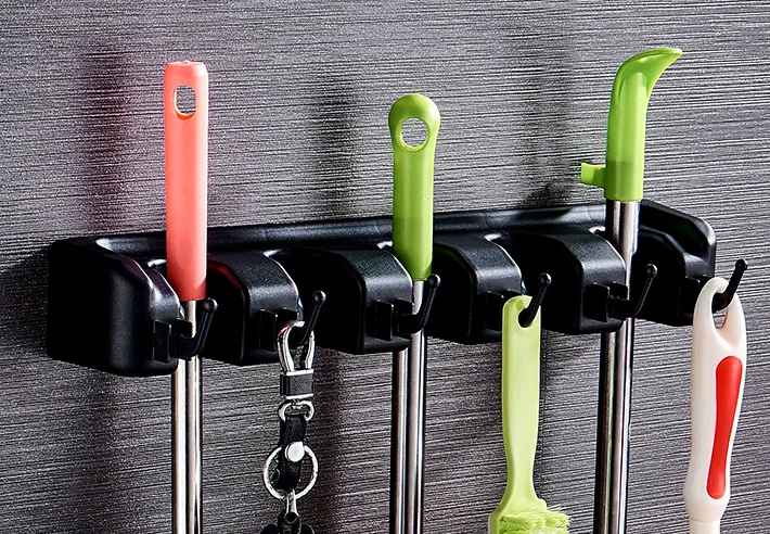 5 Position with 6 Hooks Multipurpose Wall Mounted Organizer, Ideal Broom Storage Solution Mop and Broom Holder,