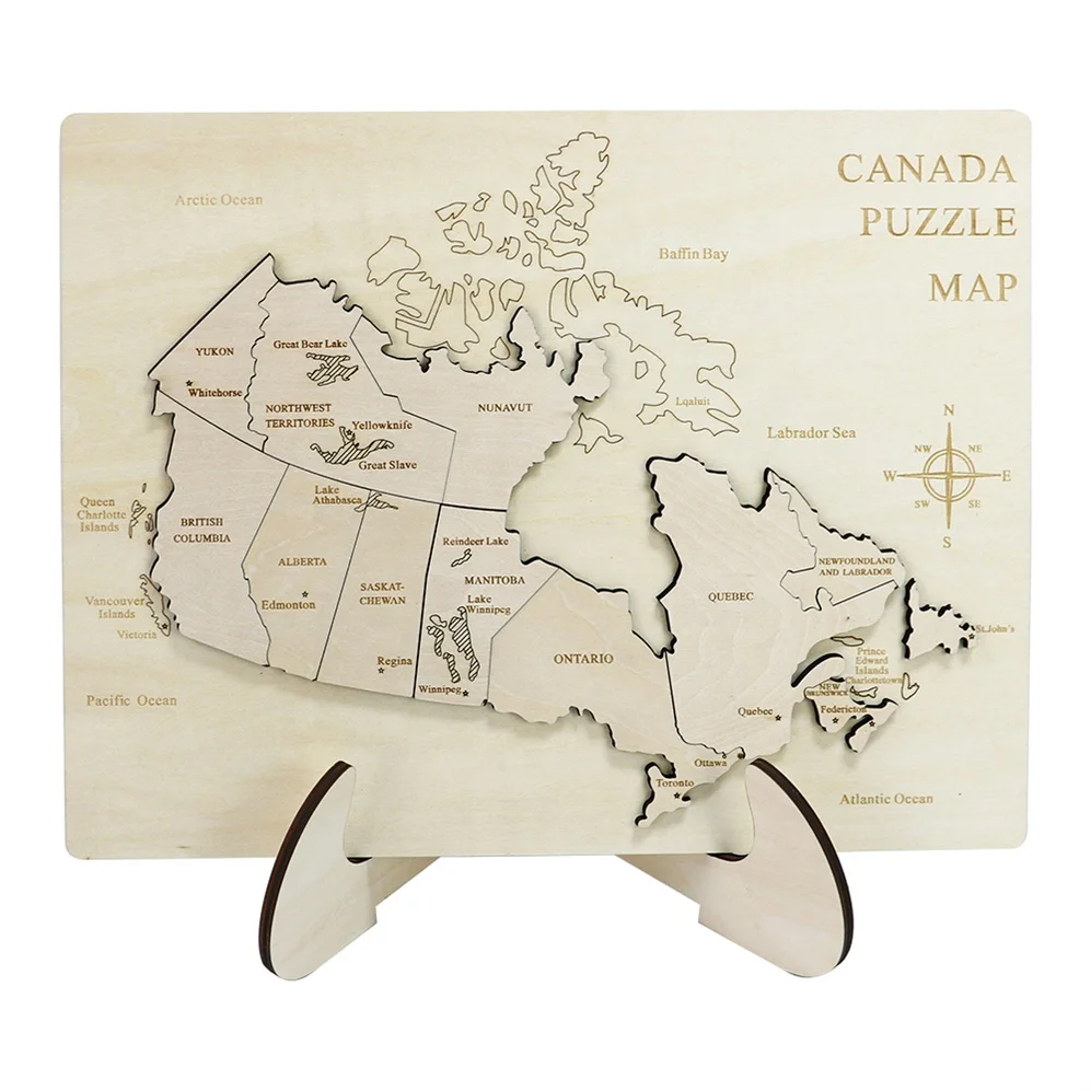Custom Different Country Map Puzzle Wooden Puzzles for Kids 3D Wooden Canada Map Puzzle with Stand