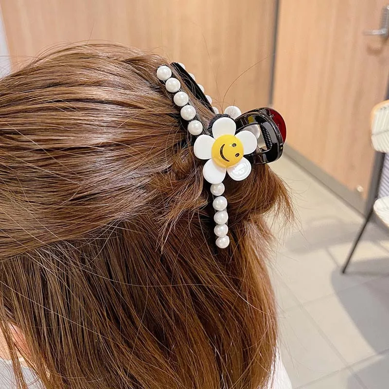
Mgirlshe Hairclips NonSlip Hair Claw Clips for Women Girls Large Hairgrips for Thick Hair Happy Face Pearls Acrylic Barretes 