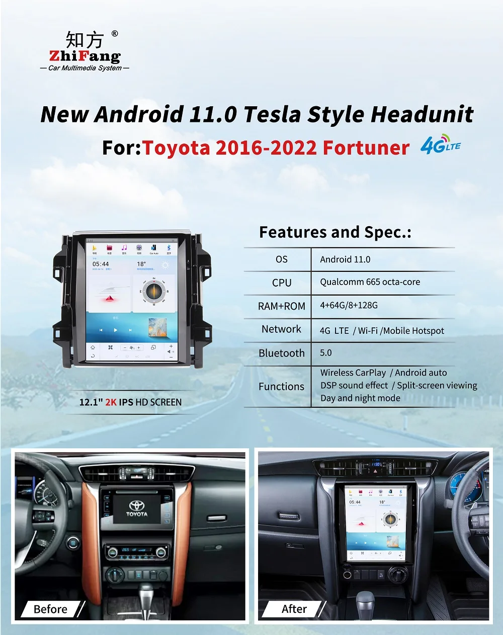 TESLA Style 12.1' touch screen Car Stereo Android 11 4G built in carplay Car Radio Navigation for TOYOTA FORTUNER 2016 -2022