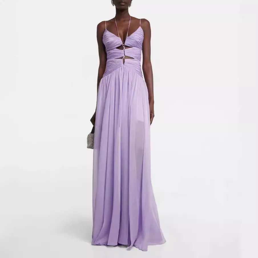 2024 New arrivals women purple spaghetti strap hollow out long chiffon purple maxi dress holiday party outfits 2024