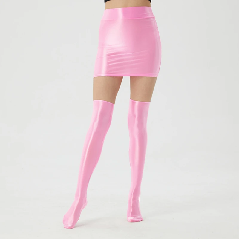 Channel 9 Colors Ultra Oil Shiny Glossy Matching Bodycon Short Club Skirt And Thigh High Socks outfit