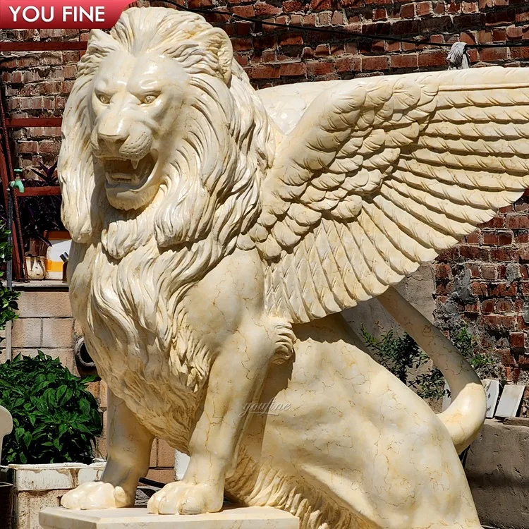 Outdoor Decor Beige Natural Marble Lion Wings Sculpture