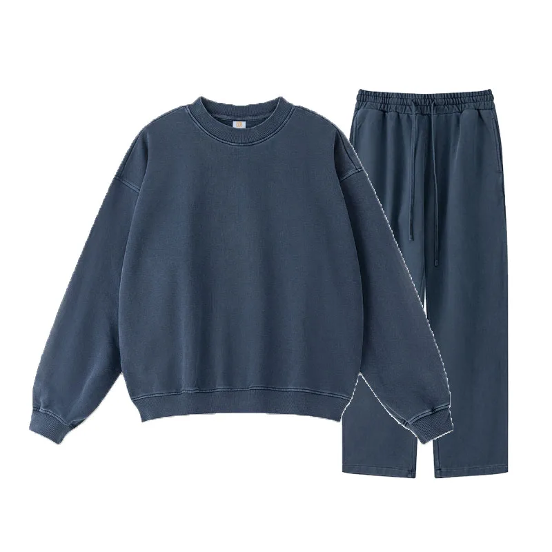 High Quality Acid Wash Crewneck Sweatshirt And Sweatpants Set Men Tracksuits 100% Cotton French Terry Unisex Sweatsuits For Men