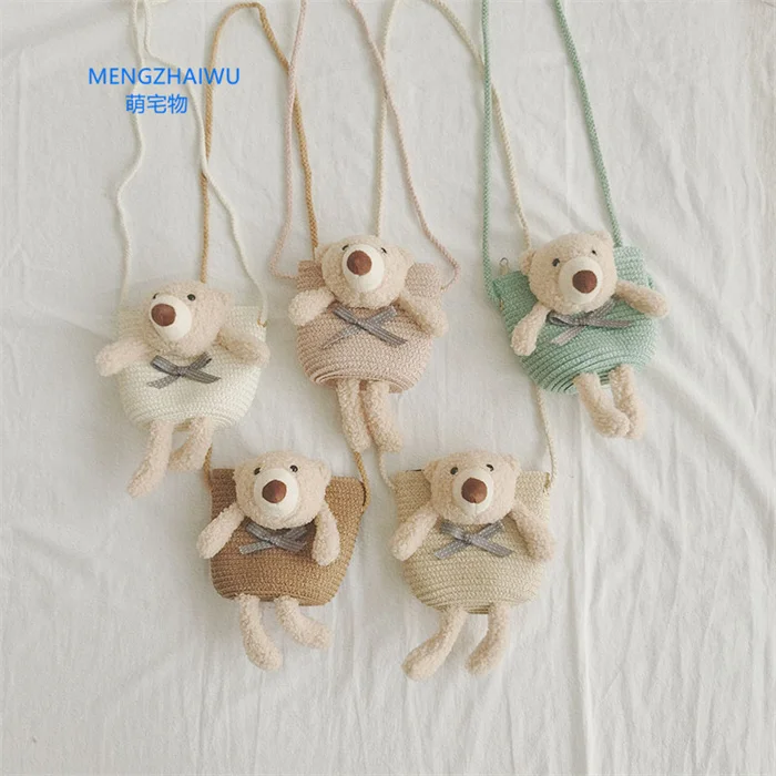 no stock mini crossbody bag straw eco friendly cute bear decoration toddler purses zipper childrens coin bag