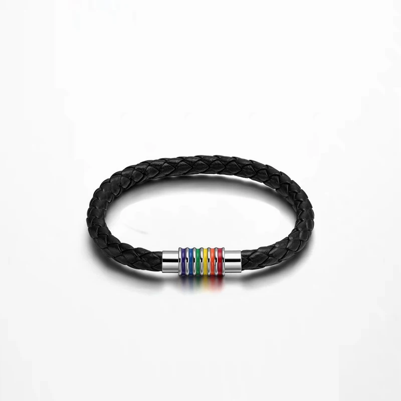 ЛГБТ гордость магнитный браслет из нержавеющей стали Радужный цвет магнитная застежка тканый кожаный браслет спиртовые ювелирные изделия оптом