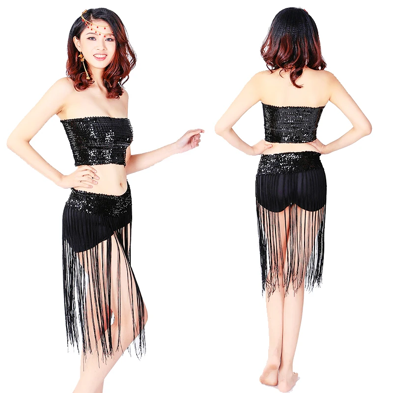 Wholesale Supply Sexy Dance Costumes Sequin Top Tassel Skirt Suit Set Festival Party Club Fancy Dress Belly Dance Costume