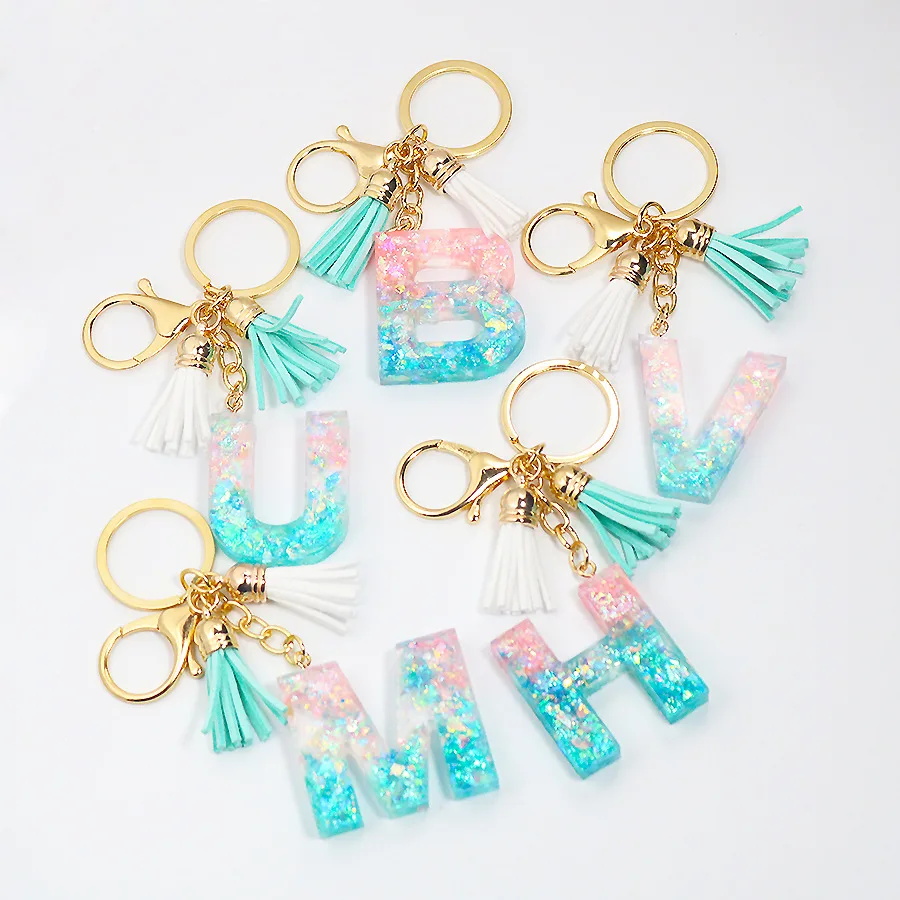 26 English word Letter Keychain,sparkle Glitter shell paper Resin keyring Tassel A TO Z Handbag Charms for Woman