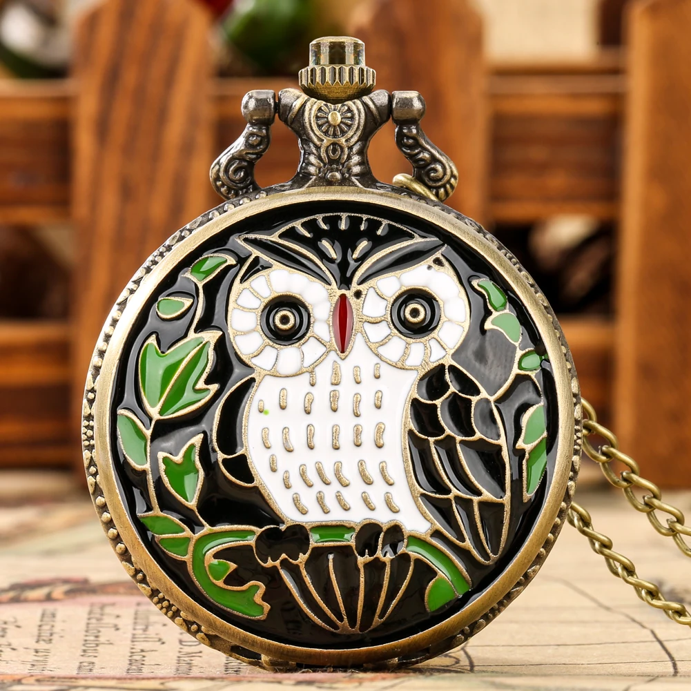 Epoxy Resin Art Craft Animal Owl Pendant Quartz Fob Chain Clock Necklace Steampunk Pocket Watch
