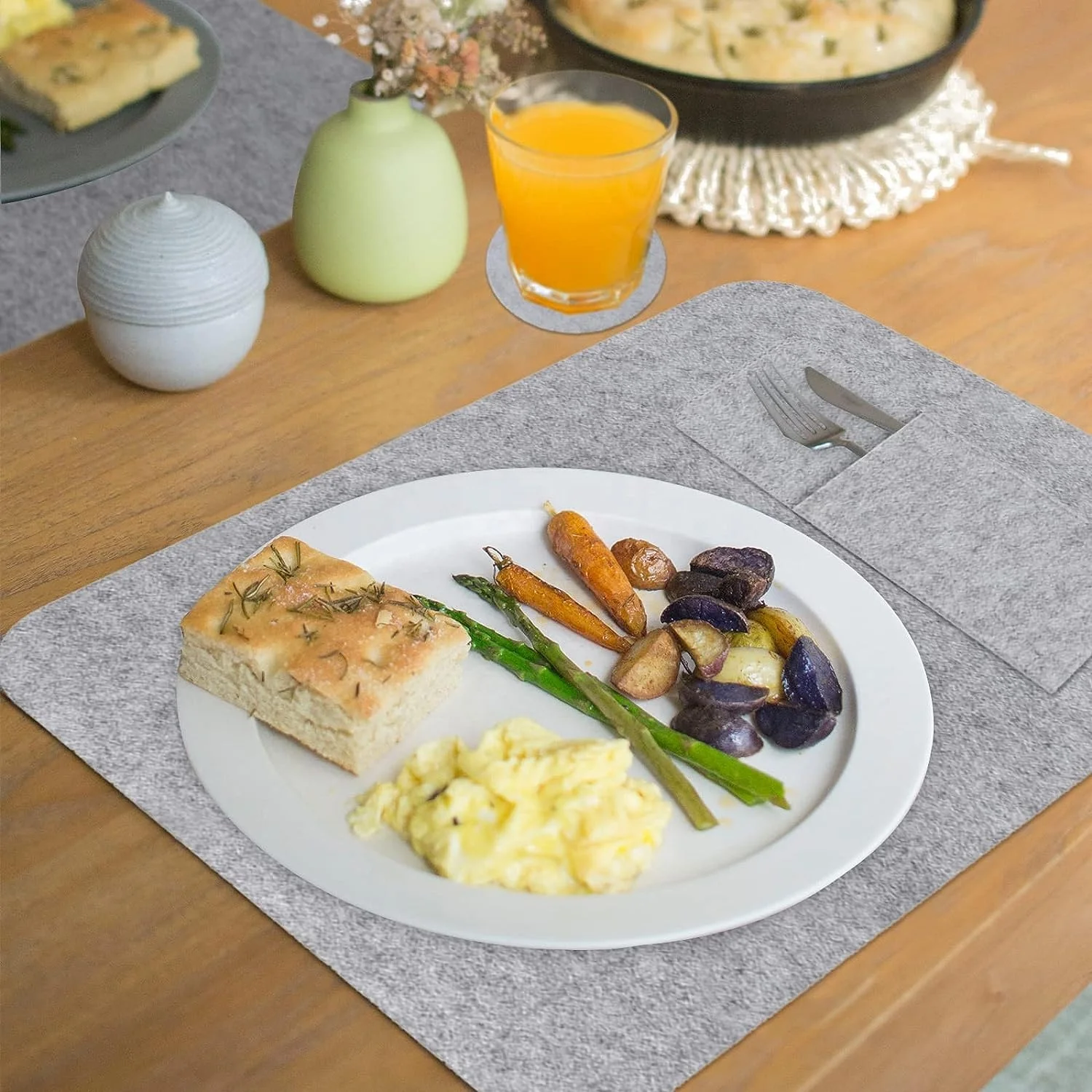 Light Grey Felt Table Runner and Placemat Set with Coasters and Cutlery Bags for Home Kitchen Restaurant Hotel Dining Table