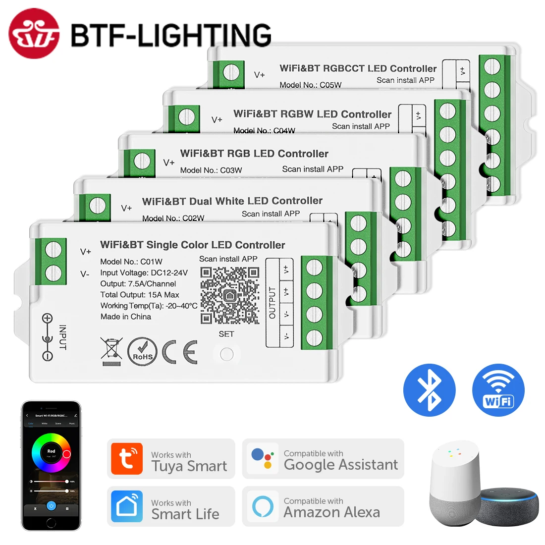 Tuya WiFi Alexa Google Home Voice Singer Color CCT RGB RGBW RGBCCT Dimmer LED Light Strip Controller