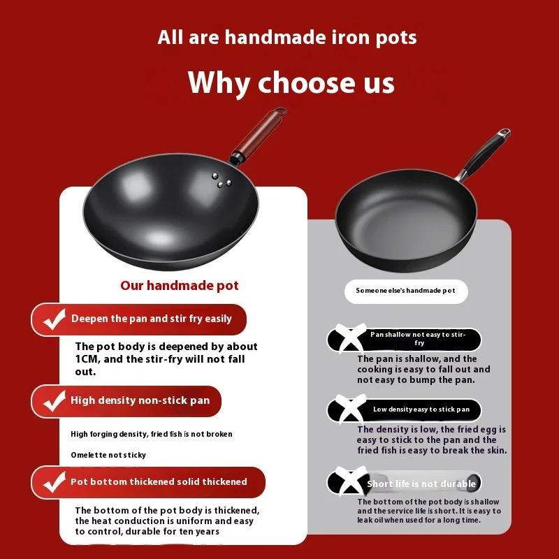 Traditional Cast Iron Wok Old Fashioned Household Pan with Non-Stick Surface and Chinese Style Lid for Gas Induction Cookers