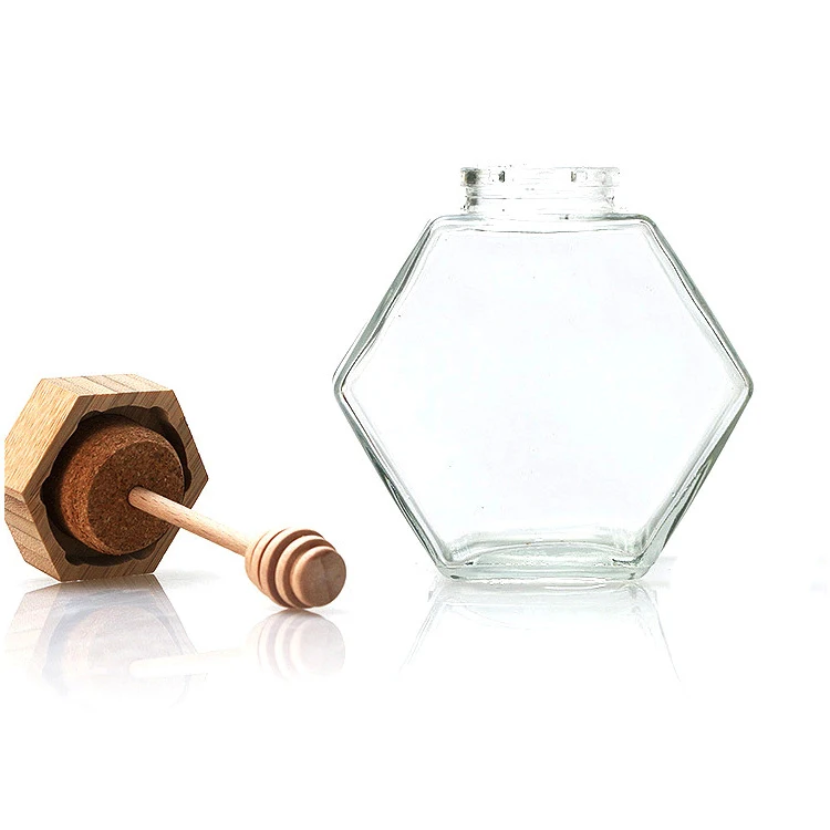 Glass Container with Wooden Dipper for Honey Packaging Hexagon Clear 380ml Food Honeycomb Storage Jars with Bamboo Lids Spoon