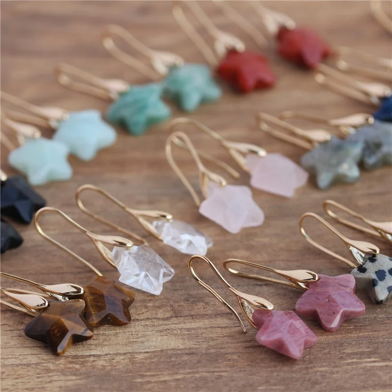 Natural Amazon Stone Gemstone Star Shape Gold Hook Drop Dangle Earring for Women Fashion Boho Geometric Fine Jewelry Wholesale