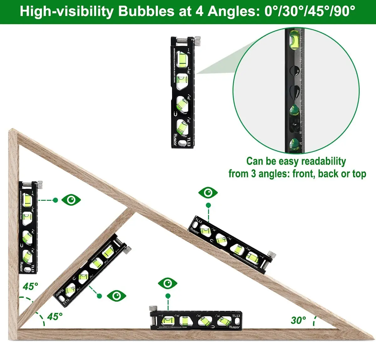 Huepar Torpedo Level, Magnetic Conduit Level with 4 Vials, 6.2 inch Aluminum Alloy Construction Spirit Level