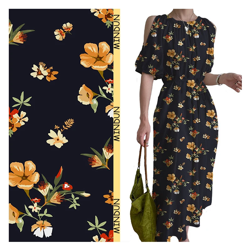 Black Floral Print Bubble Chiffon Designer Fabric 100% Polyester Textiles Material 80 Gsm For Dress Shirt