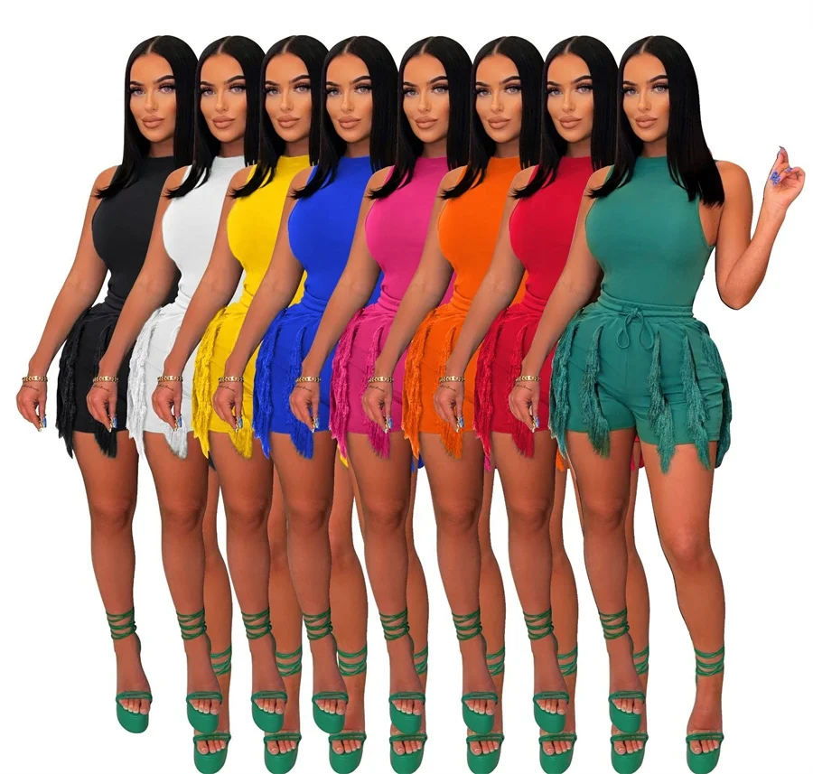 Summer Sleeveless Tank Bodysuit Tassel Biker Shorts Co-Ord Co Ord Set Womens Two Piece Bodysuit Fringe Tassel 2 Piece Set Women