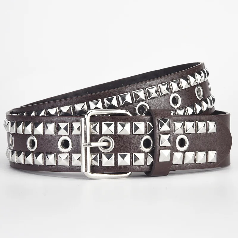 European And American Style Black Punk Leather Studded Two Lines Pyramid Rivet Belts Pu Leather Pin Buckle Belt For Jeans