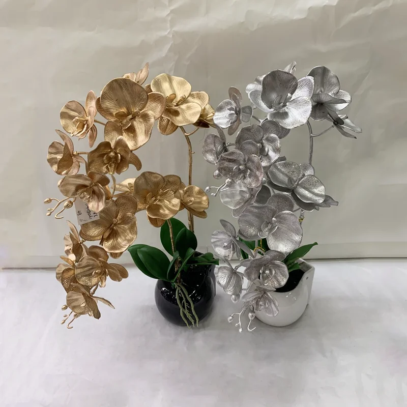 Flower Vase With Artificial Flowers In A Pot Cheap Plastic Flowers Plastic Orchid Gold Silver 9 Heads Orchid Silk