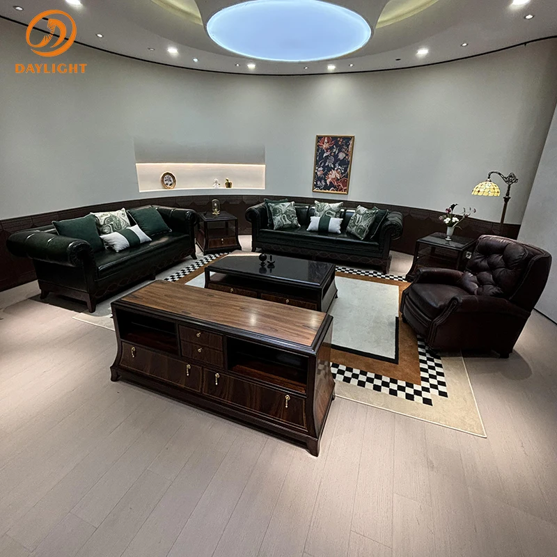 Royal Living Room Wooden Leisure Chair European Mahogany Sofa High-end Italy Elegant Antique Leather Set Villa Classic Furniture