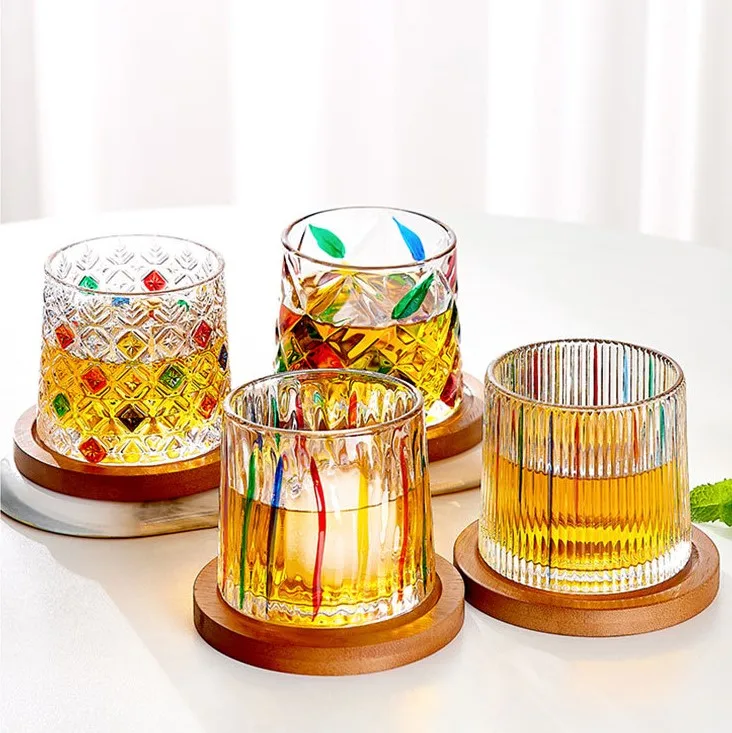 Colorful hand painted creative rotating glass beer mug transparent for premium bar drinking glass with wooden base and color box