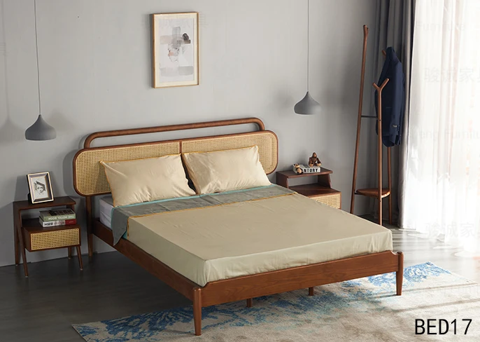 Wholesale Hotel Bedroom Solid Wood Bed Frame Modern Furniture Double Wooden Woven Rattan Cane Beds