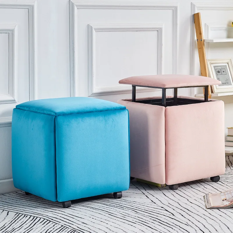 HOMEMORE 5 in 1 organized modern square small telescopic padded velvet leather box ottoman wheel stool for living room
