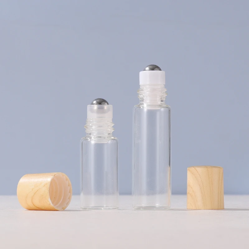 1ml2ml3ml5ml bottle suitable for essential oils natural clear glass roller bottles wood caps, thick glass bottle
