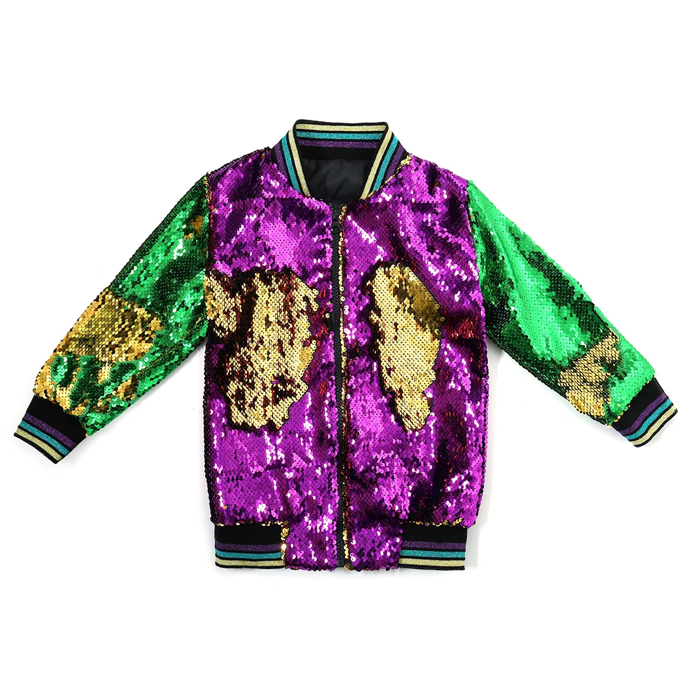 RTS Hot sale  Mardi Gras Woman Reversible Sequin Jacket Kids Girl  Rugby  Longsleeve Zipper Gold Puiple Green Party Jacket