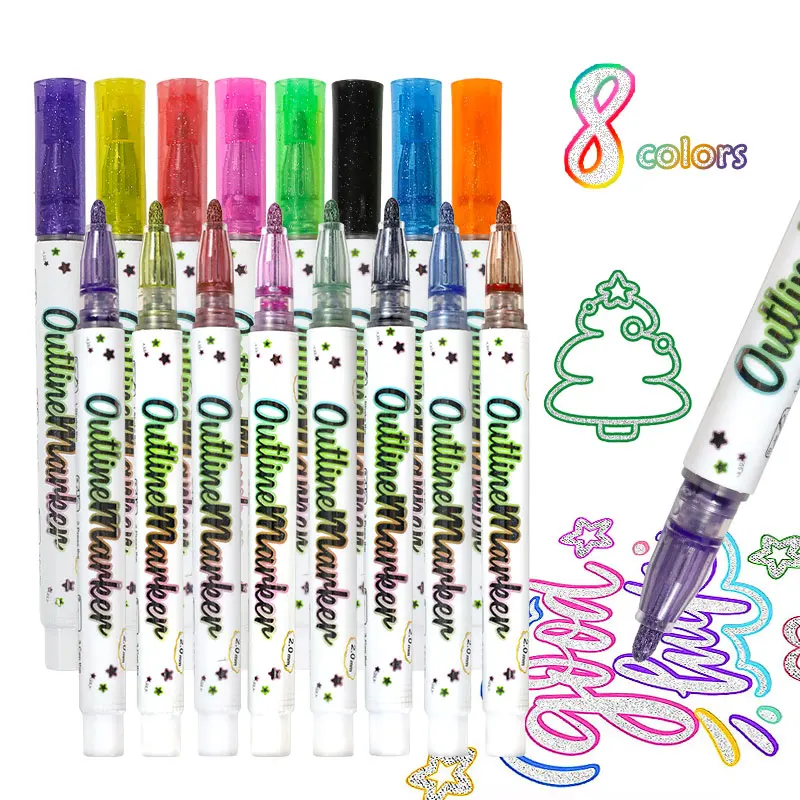Cheap 8 Colors Glitter Double Line Outline Marker Pen Graffiti Paint Marker for Christmas Card Poster