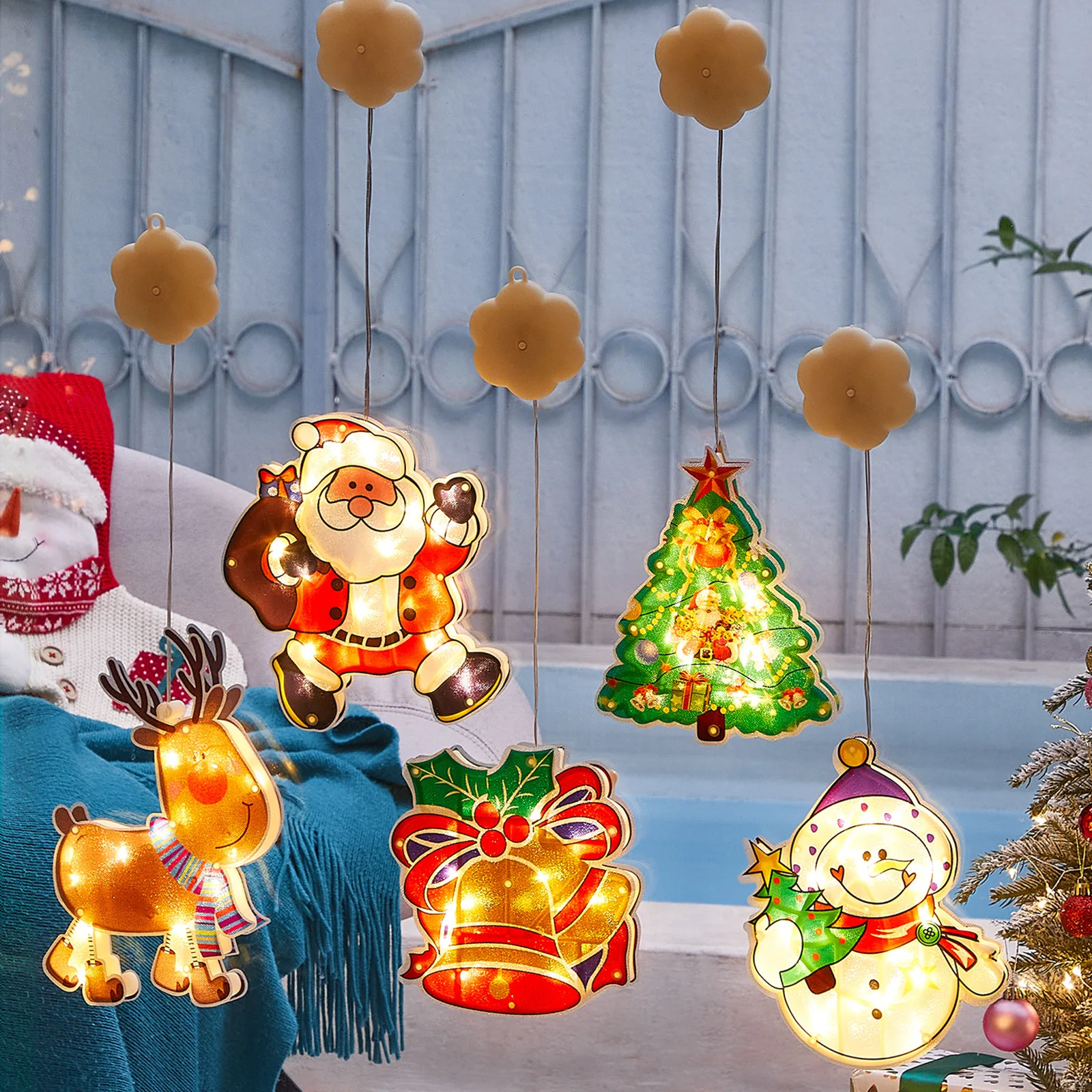 Christmas Decoration Lights 2022 New Year Santa Claus Snowman Elk Shape Window Suction Cup Lights Decoration Sucker Light String