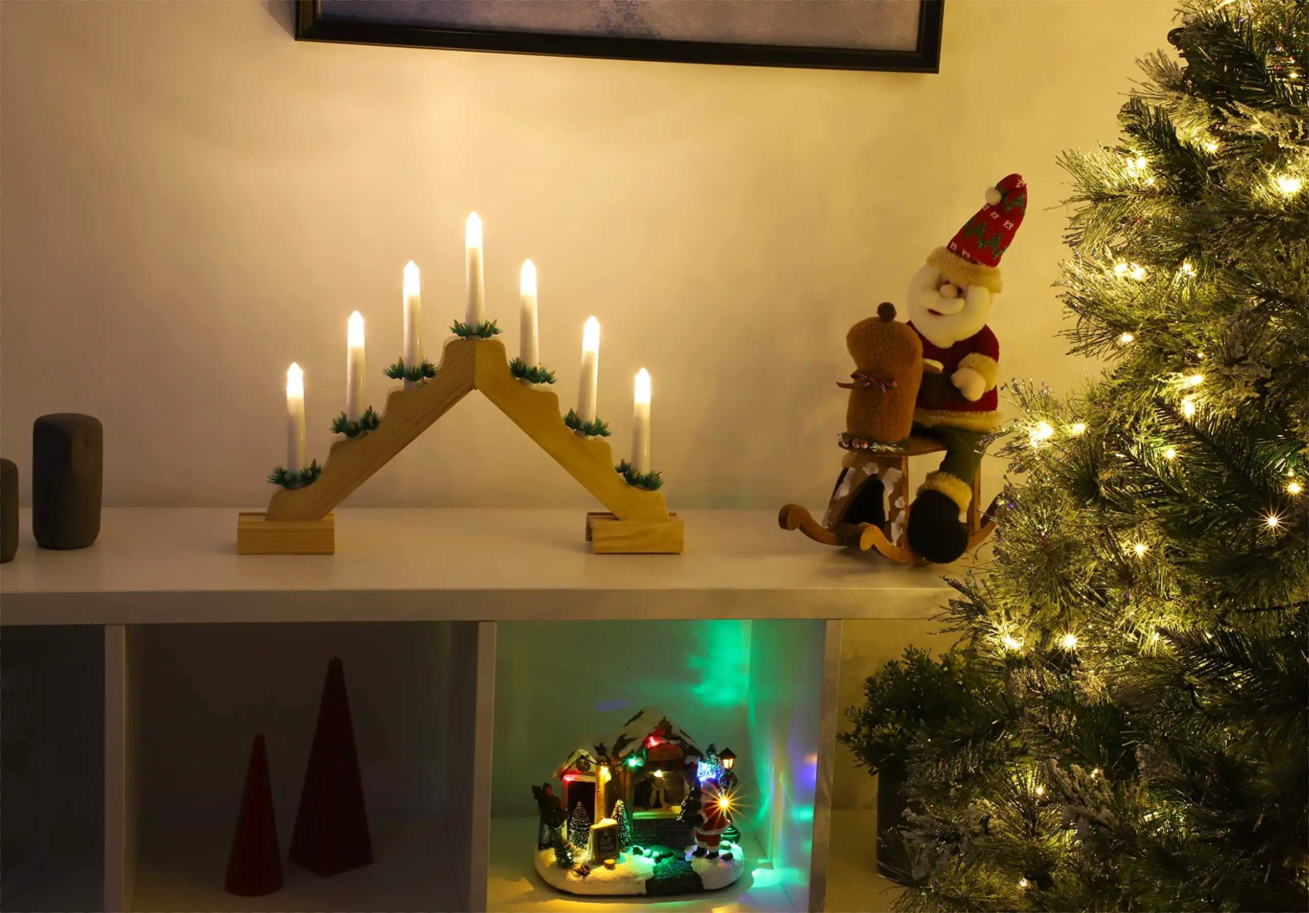 Battery Operated Low Voltage And Energy Efficient Christmas Wooden Candle Bridge with Warm White LED Lights