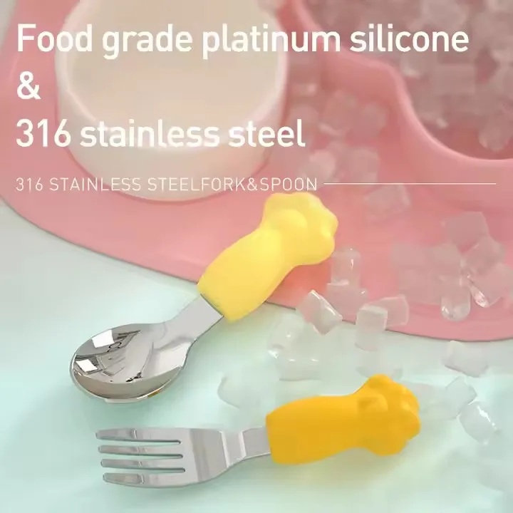 OEM/ODM Food Grade Silicone Stainless Steel Baby Fork and Spoon Set Children Safe Flatware Feeding Utensils for Toddler Child