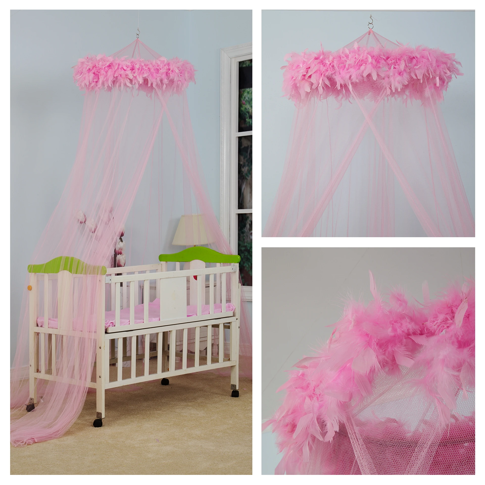 Indoor pink feather decoration children mosquito net bed canopy bedroom baby crib bed tent