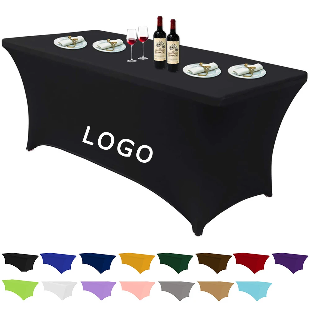 Custom rectangle black polyester 6ft stretch fitted spandex table cloths banquet party wedding tablecloths