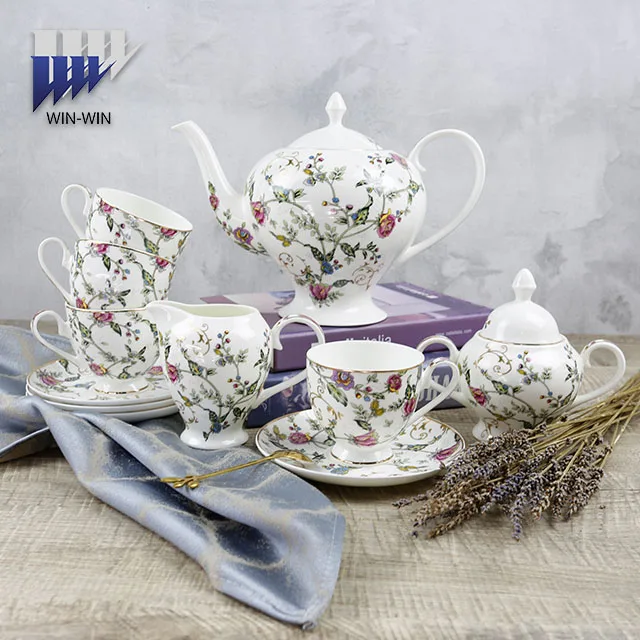 European nordic eco-friendly fine bone china tea set 15 pieces ceramic tea cup set for luxury flower design
