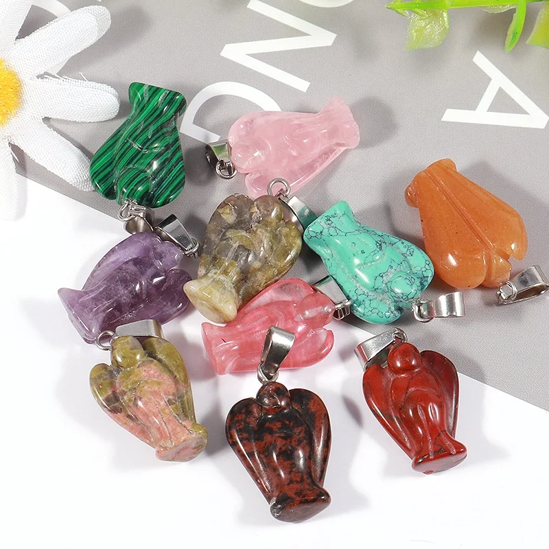 Charms 15*20mm Natural Crystal Gemstone Angel Pendant Mixed Carved Guardian Angel Statue Pendants for Jewelry Necklace