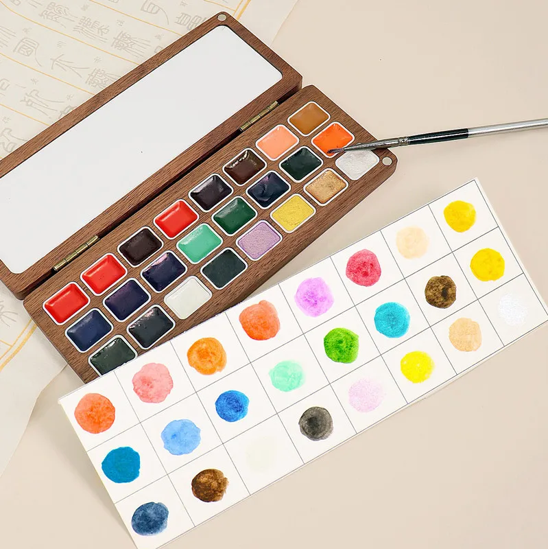 wooden box 24 glittery colors watercolor paint set pearl metallic watercolour for artist and student painting
