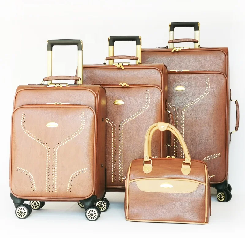 new popular brown leather soft side 4 PCS  trolley case bag brown PU leather 4 wheels 3 PCS travel suitcase bag