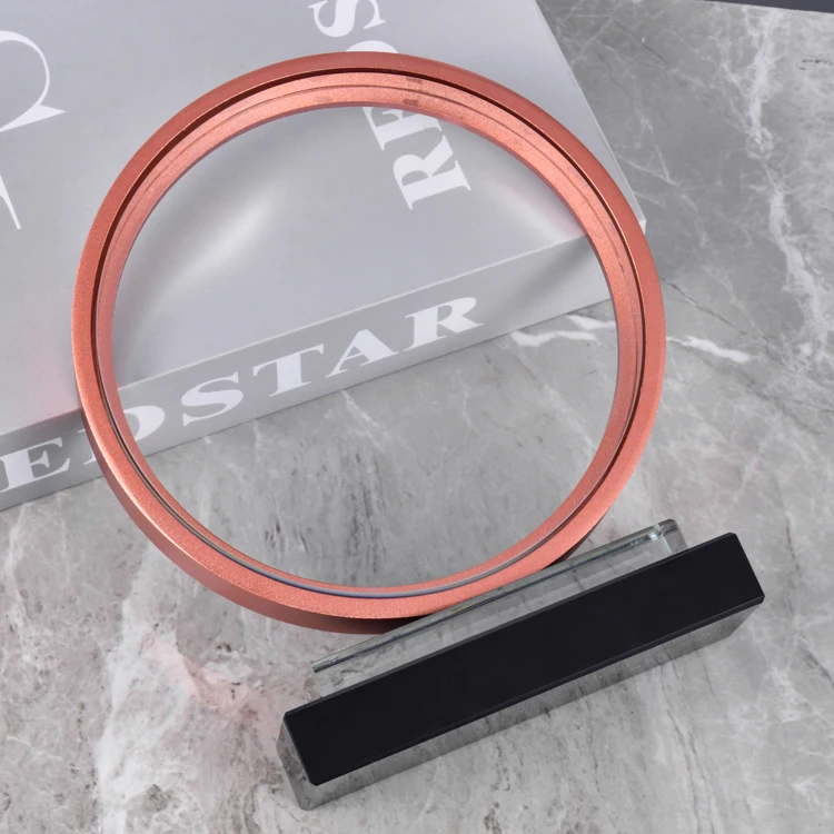 good sale unique design factory price transparent glass trophy round crystal trophy orange metal frame transparent trophy