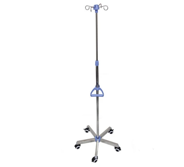 MK-IS03 Movable Height Adjustable Stainless Steel Medical IV Poles 2 Hooks With Castors