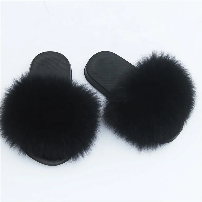 Factory wholesale non slip fur slides kids rainbow fur slippers little girls kids fox fur slippers