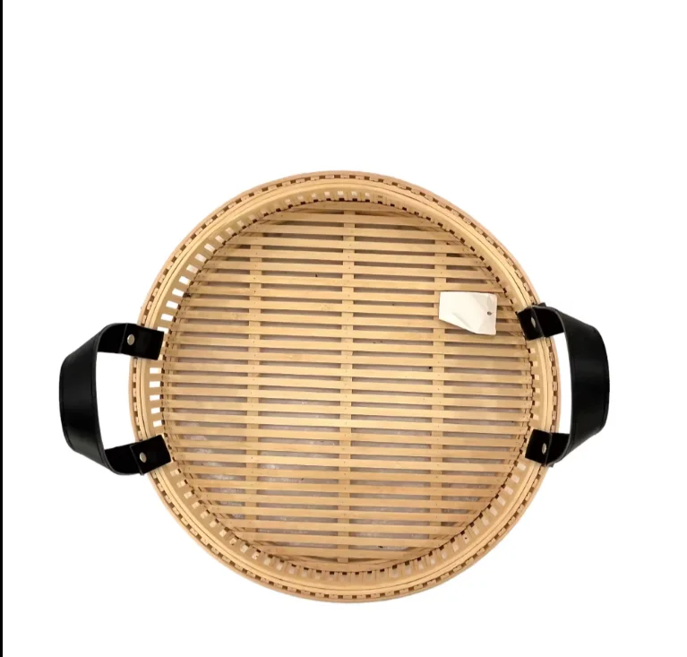 New Home Decor Craft Bamboo Basket Wooden Storage Wicker Tray With Leather Handle