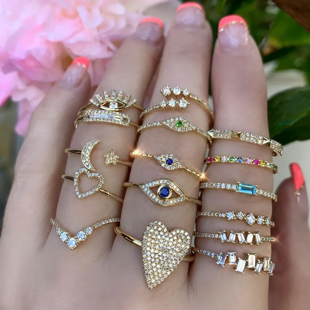 Barlaycs Fashion Cute Zircon Heart/Snake/Moon and Star/Chain Zodiac Openings Ring Set for Women Wedding Party Jewelry