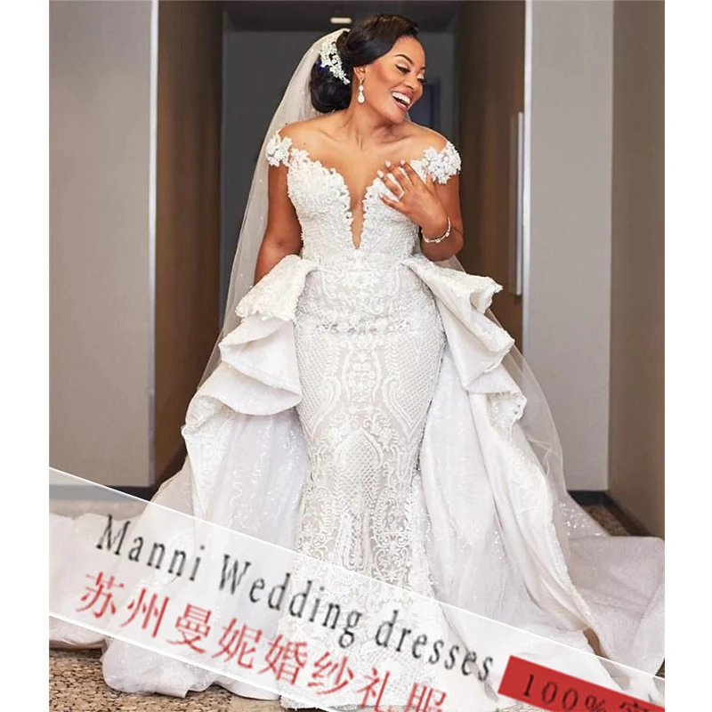 Africa Larger Size Lace Applique Off Shoulder  wedding dress gown detachable  long train Beaded  mermaid wedding dress