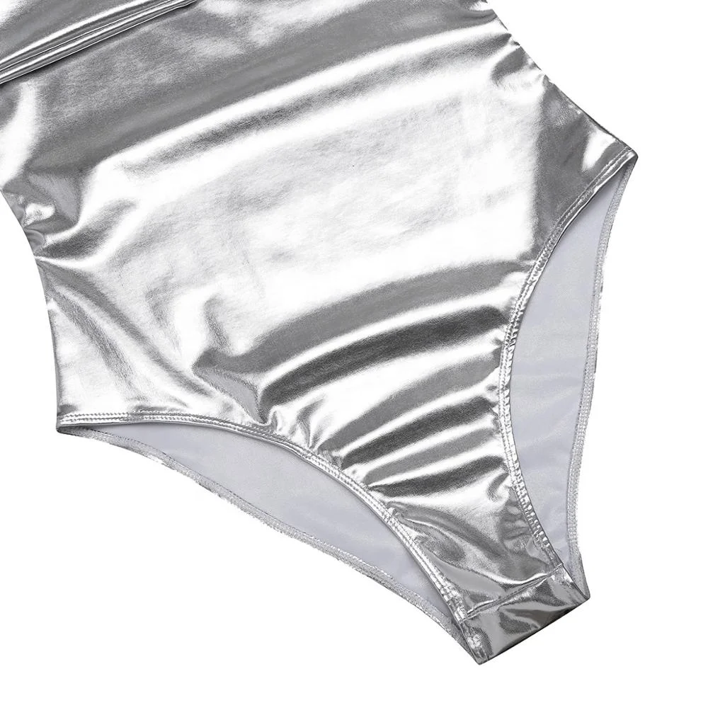 Women Adult Shiny Patent Leather Long Sleeves One-piece Thong Monokini Bodycon Leotard Gymnastics Leotards Dance Costumes