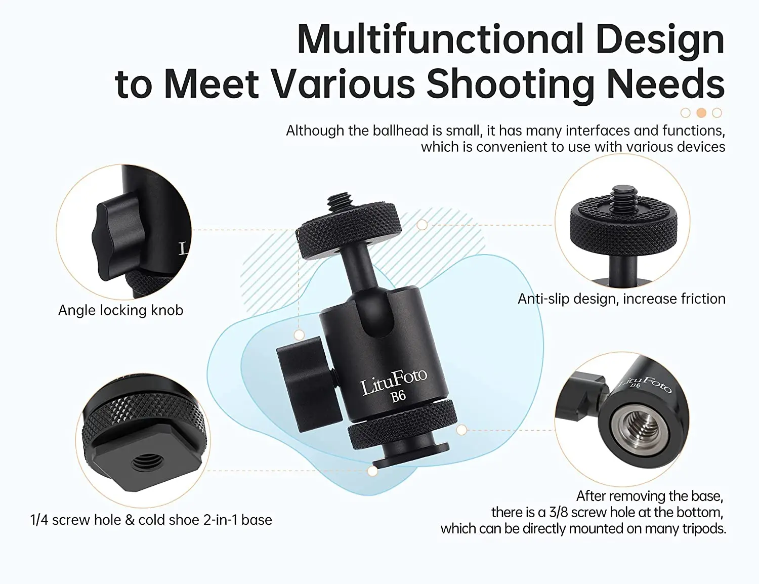 LituFoto B6 Mini Ball Head 1/4 Tripod Screw Head for Cameras on-Camera Microphone LED Video Light Video Monitor Tripod Monopod